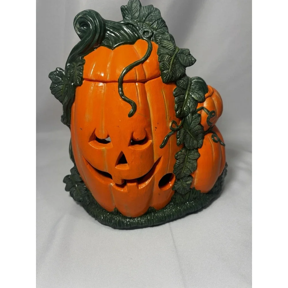 Vintage Ceramic Halloween Pumpkin With Ghost- Double Sided- Lights Up Cord